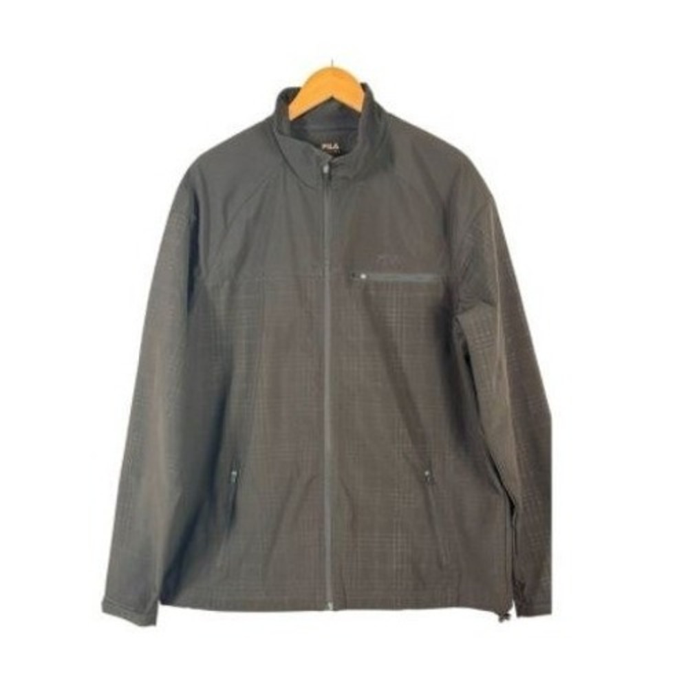 Fila Windbreaker Jacket Sz XL Brown Plaid Full Zip Mock Neck Lightweight Sporty